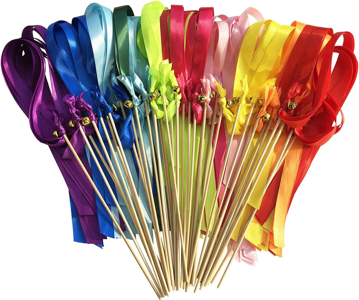 Kingsnow 50 Pack Ribbon Wands Wedding Streamers with Bells, Silk Fairy Stick Wish Wands Party