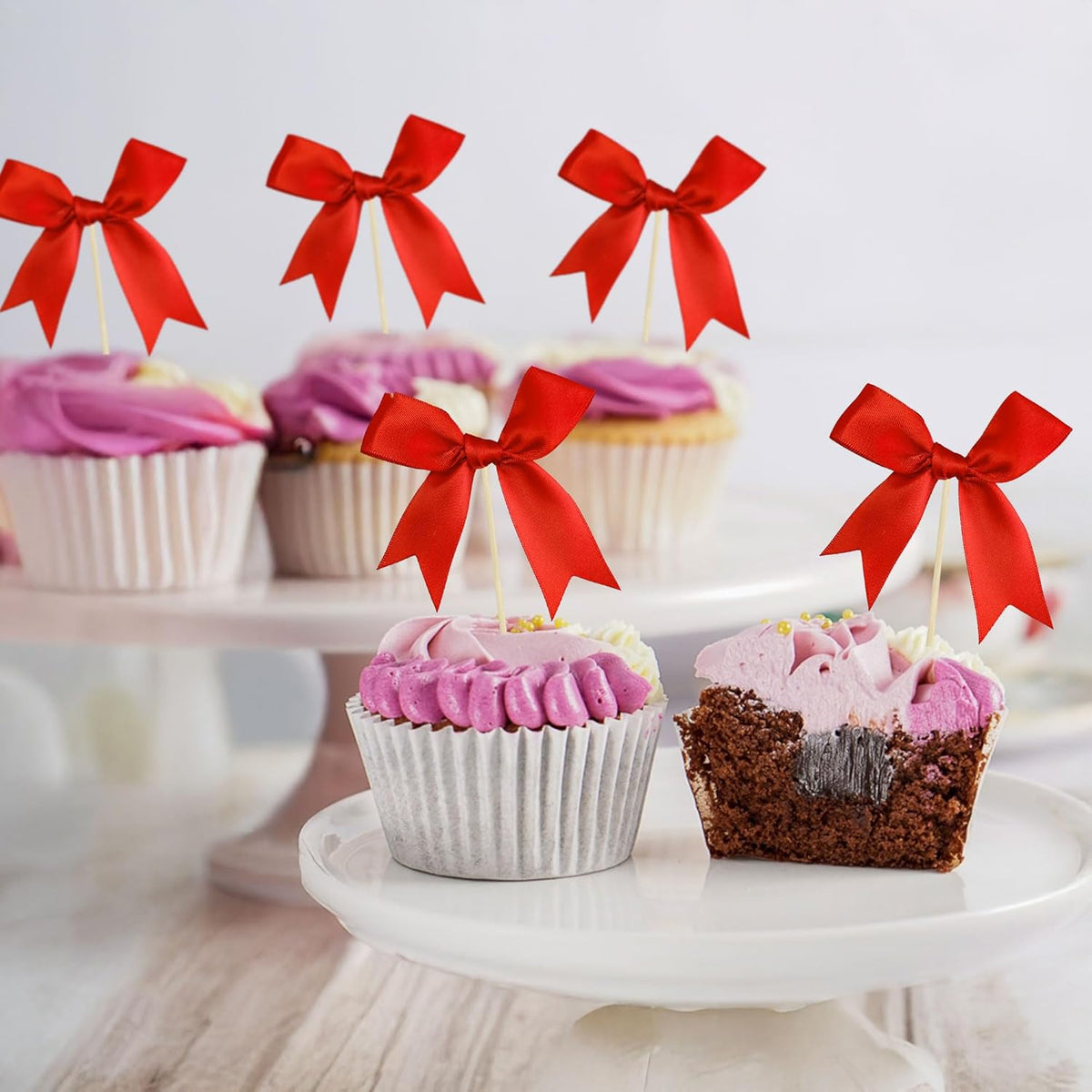 Ephlyn 24Pcs Red Bow Cupcake Toppers Bow Cake Topper Birthday Decorations Mini Bowknot Cupcake