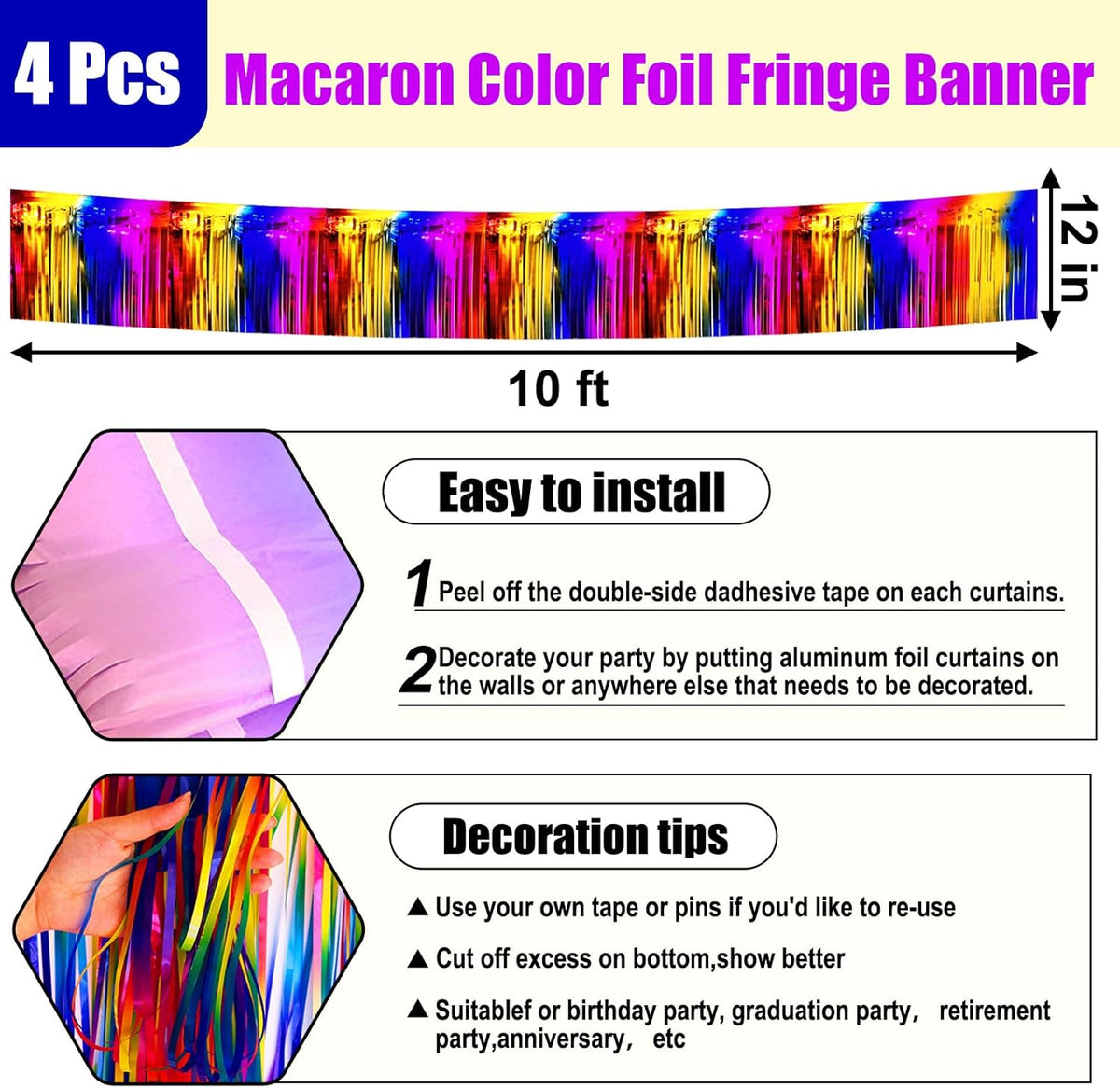 4 Pack 10 Feet Rainbow Foil Fringe Garland Metallic Tinsel Streamers Banner Wall Hanging Curtain