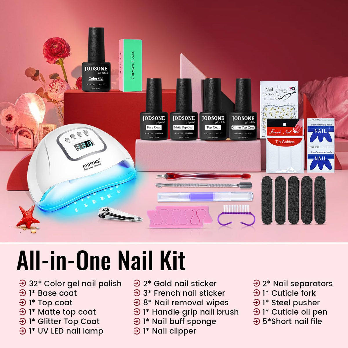 JODSONE Gel Nail Polish Kit with U V Light 32 Colors Gel Polish Nail + 4 Functional Adhesive