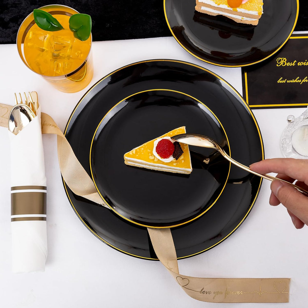 KIRE 350 PCS Plastic Dinnerware Set for 50 Guests - Black and Gold Plates 50 for Dinner 50 for