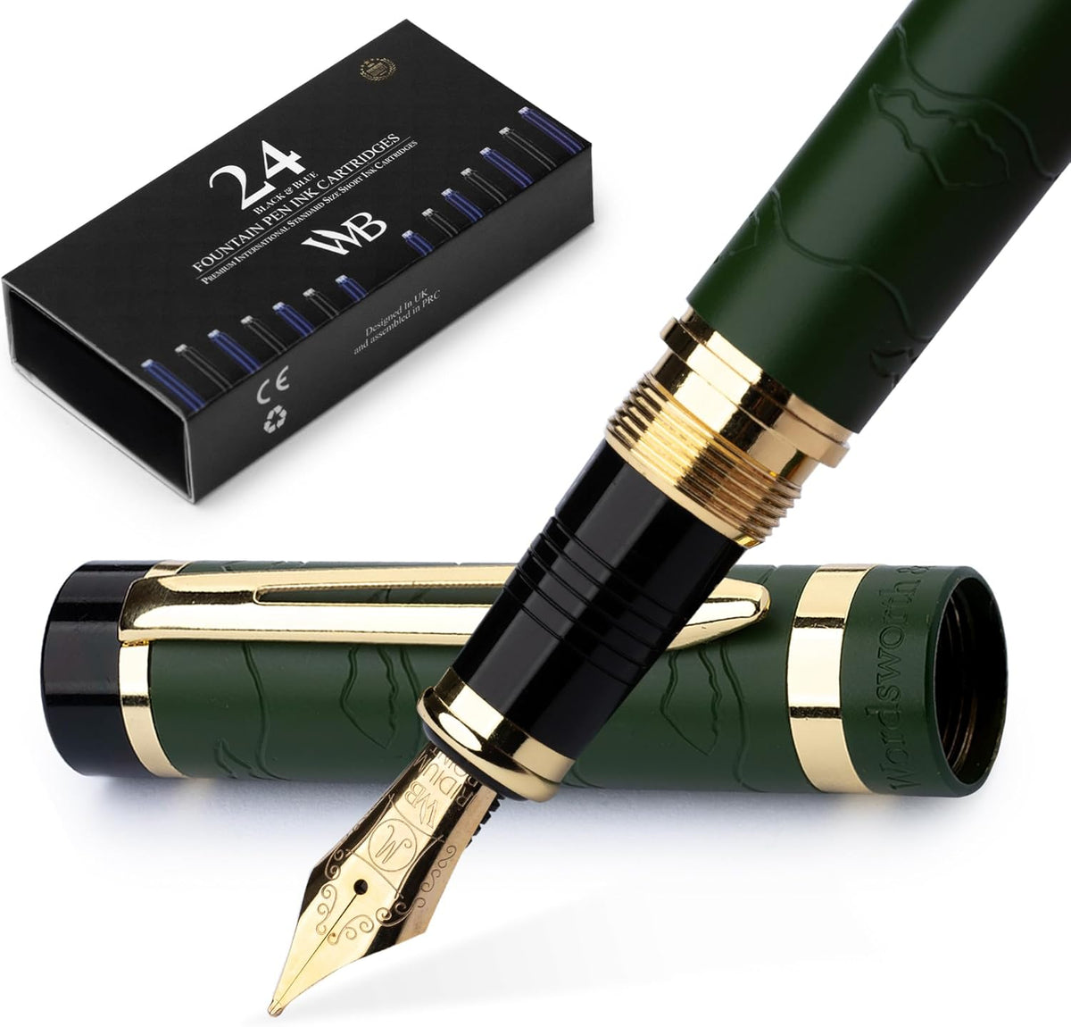 Wordsworth & Black Primori Fountain Pen Set [Green Gold]; Medium Nib, Gift Case, 24 Ink Cartridges