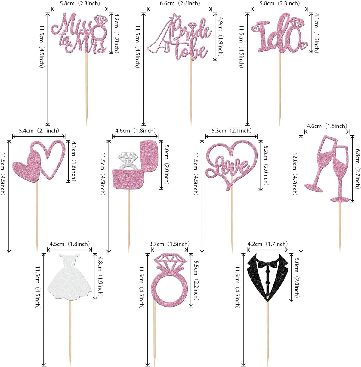 30 PCS Bride to Be Cupcake Toppers Glitter Miss to Mrs I Do Love Heart Ring Cupcake Picks Wedding