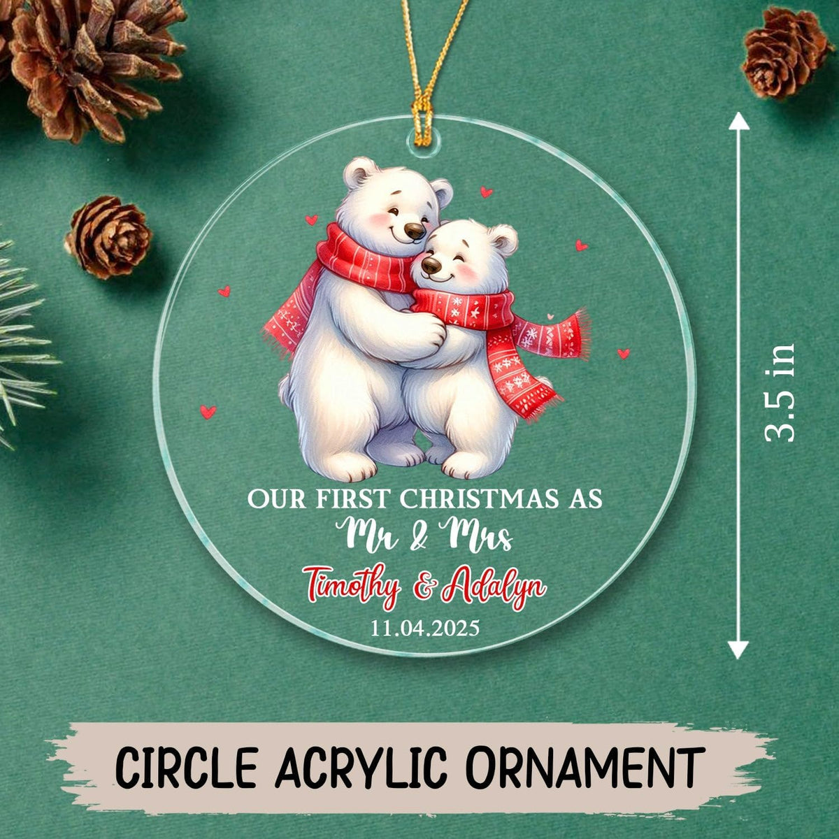 Our First Christmas As Mr & Mrs Ornament, Personalized Date/Name Polar Bear Mr & Mrs Together