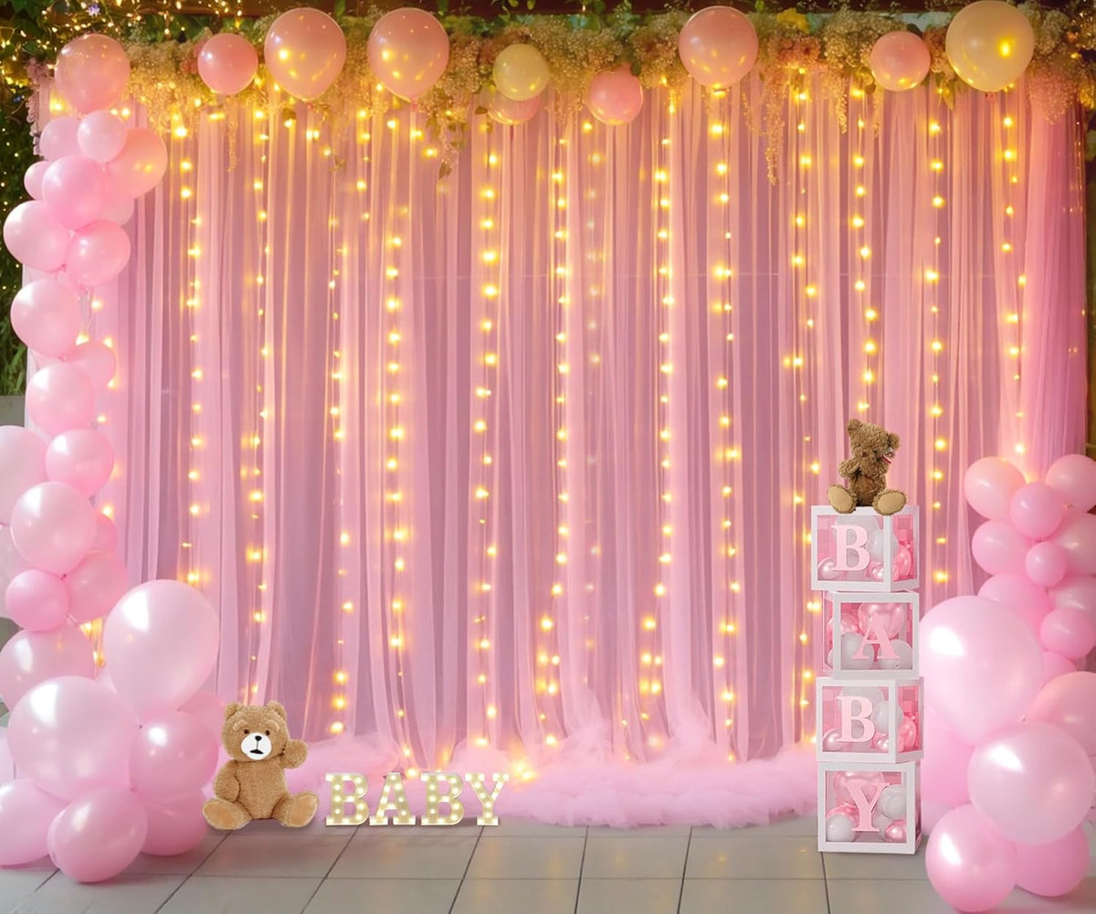 Pink Backdrop Curtains with Lights String for Baby Shower Girl Parties Sheer Tulle Backdrop Curtain
