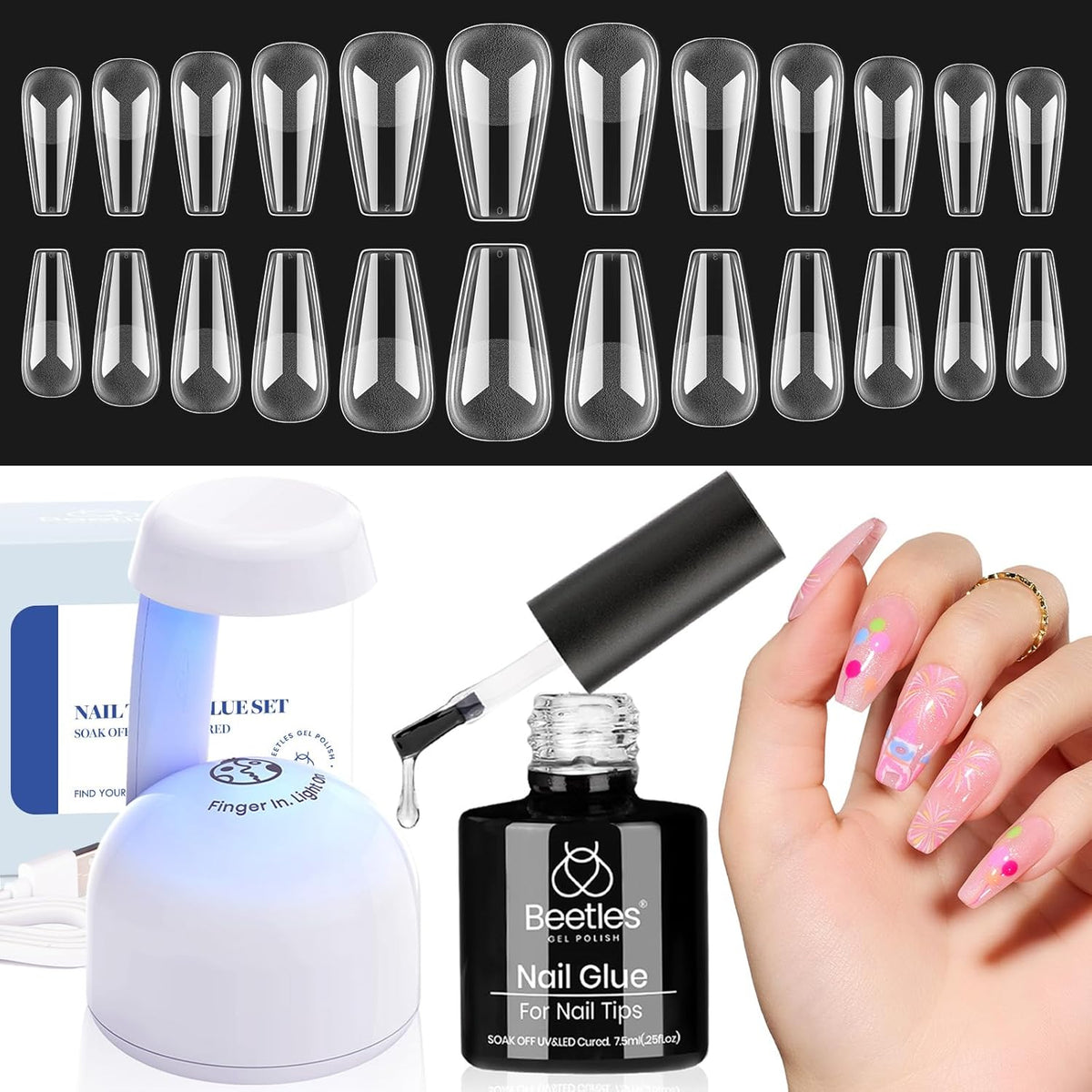 Beetles Gel Nail Kit Easy Nail Extension Set With Etch X Nail Tips 504Pcs Half Matte Medium Coffin