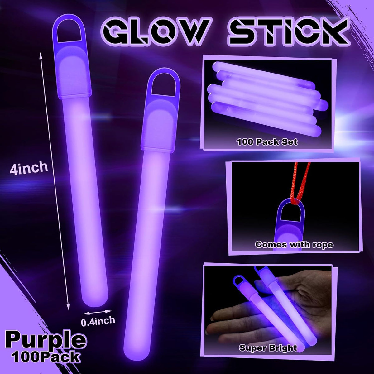 Lewtemi 4" or 6" 100 Pack Bright Glow Sticks Bulk, Glow in The Dark Party Supplies Birthday and