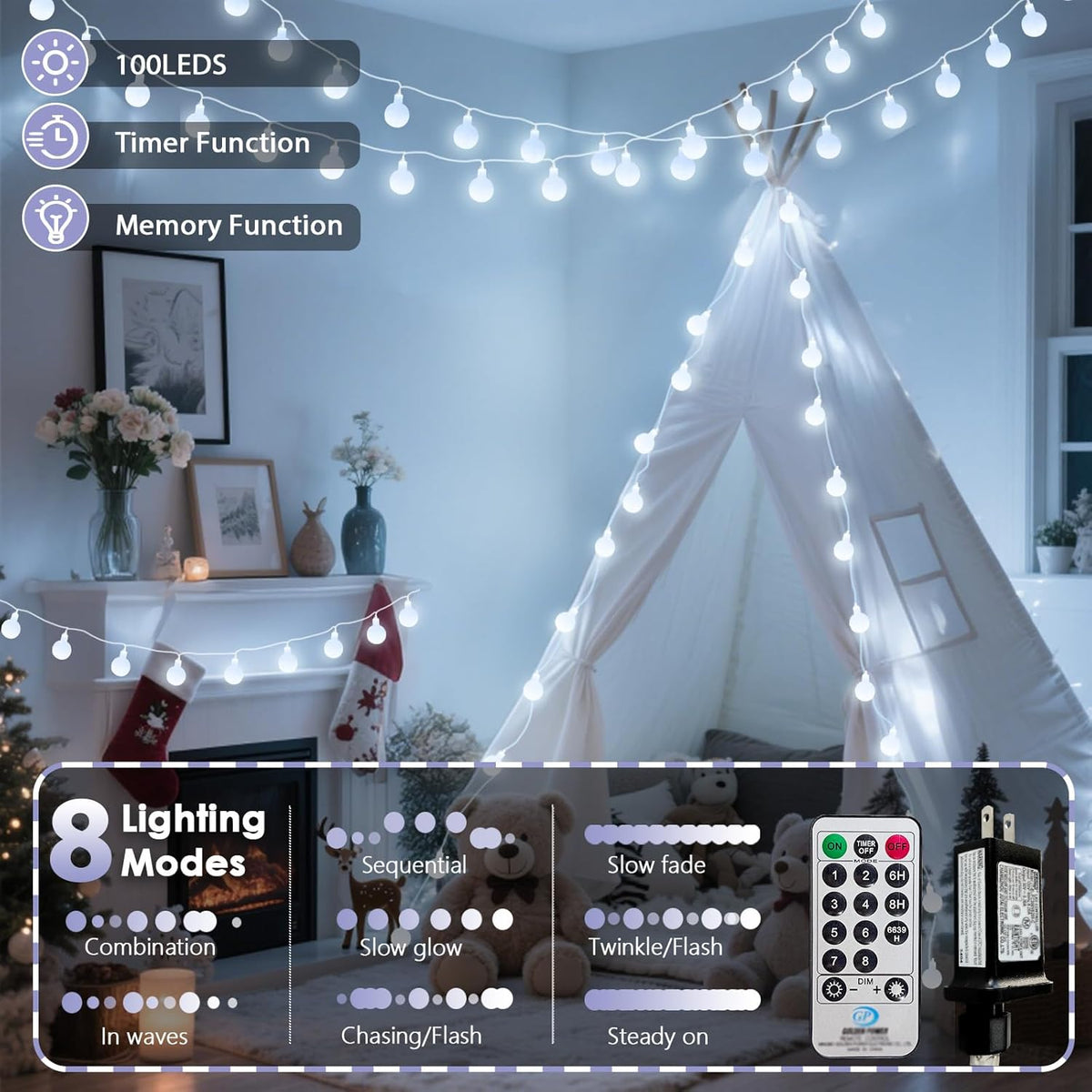 100LED Connectable String Lights Indoor Outdoor for Bedroom, 43ft White Fairy Lights with Remote &