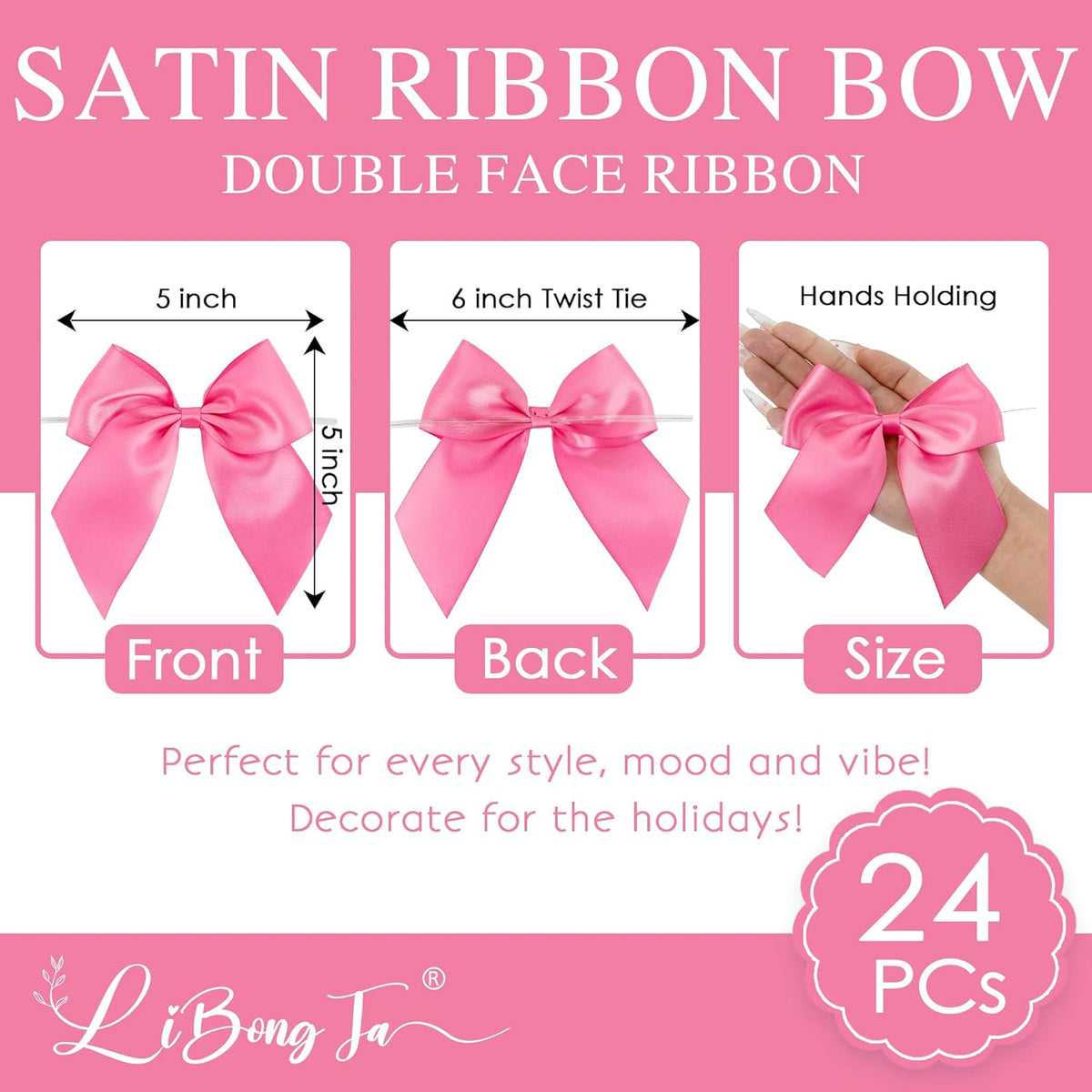 5'' Hot Pink Bow Party Decorations Satin Bows, Twist Tie Bows for Treat Bags, Cake Pops, Pre-Tied