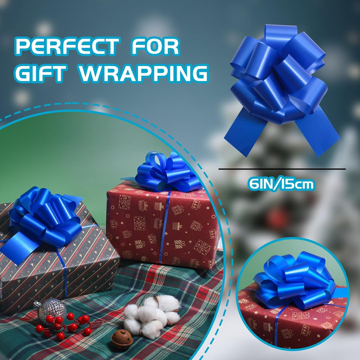 6 Pcs 6 Inch Blue Pull Bows, Perfect for Gift Wrapping, Gift Wrapping Baskets Wedding Christmas