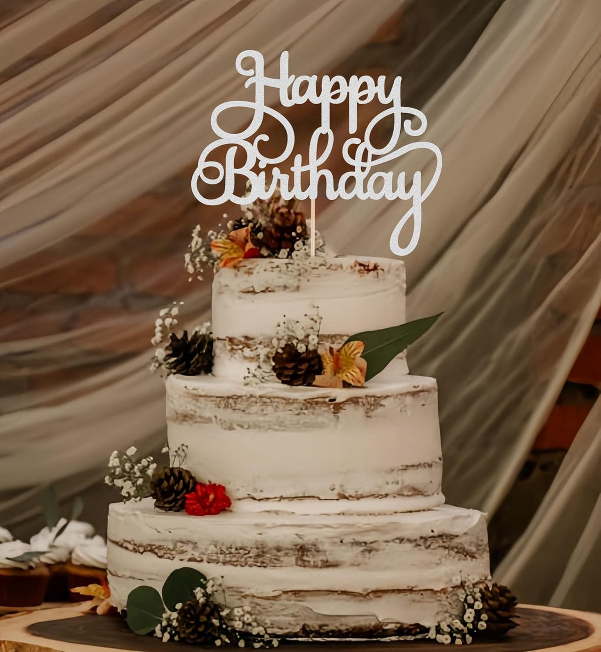 Happy Birthday Cake Topper - Silver Glitter Birthday Party Cake Decoration Supplies - Happy