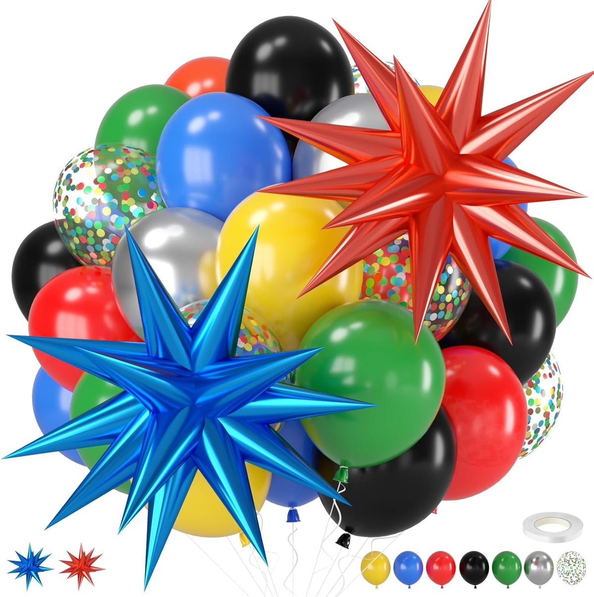 Black and Red Yellow Blue Balloons, 12 Inch Black Red Yellow Blue Green Metallic Silver Confetti