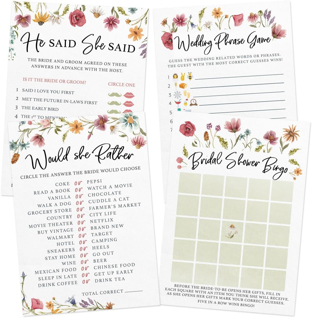 Printed Party Bridal Shower Game Set – 4 Fun Games and Activities for 30 Guests, Includes Bingo, He