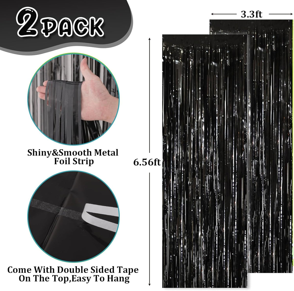 2 Pack Black Tinsel Foil Fringe Curtains, Black Party Decorations, Metallic Tinsel Party Streamers
