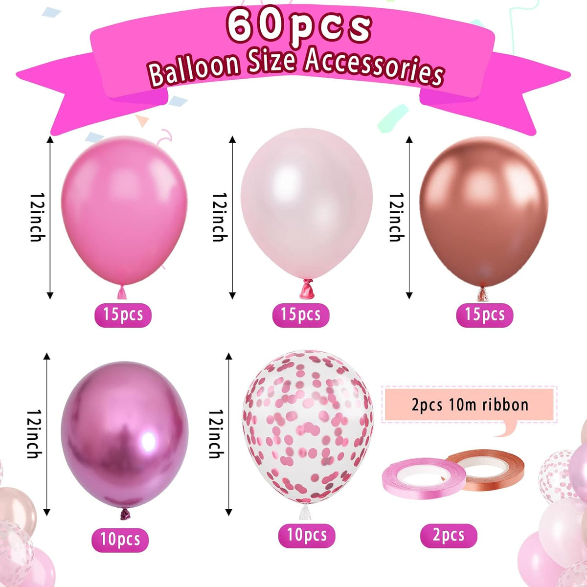 Paready Pink Confetti Balloons, 60 Pcs 12 Inch Metallic Red Rose Gold and Pink Latex Confetti