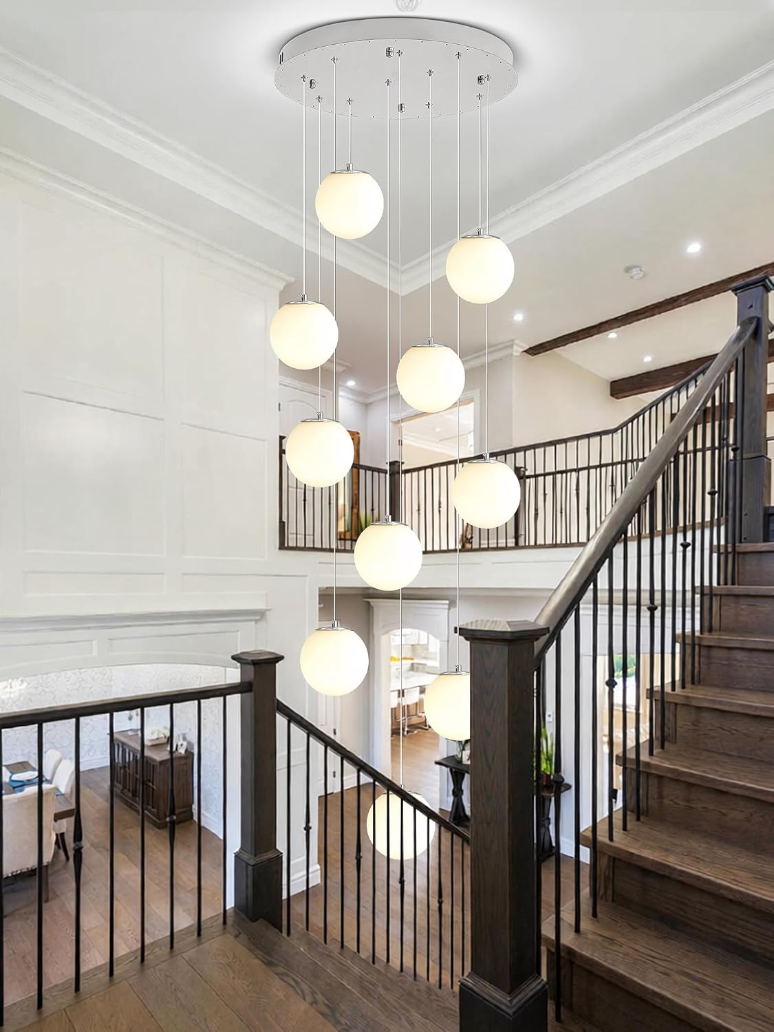 H118 Large Chandeliers for High Ceilings,12-Lights Mid Century Globe Chandelier Silver Modern Globe