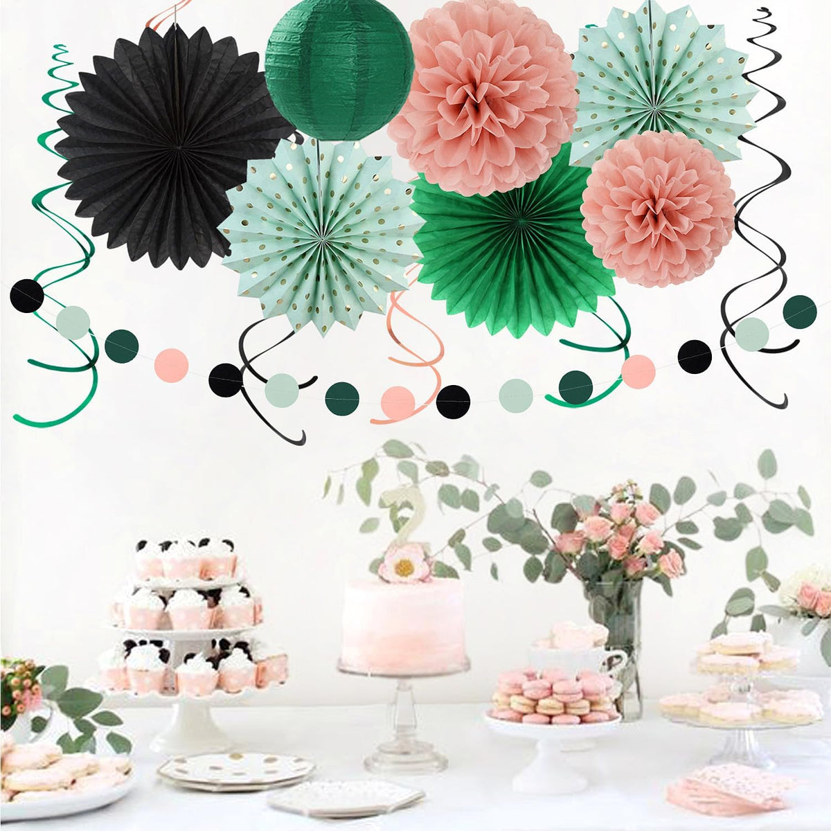 Sage-Green Blush-Pink Black Birthday Party-decorations - 21pcs Girls Woman Happy Banner Garland
