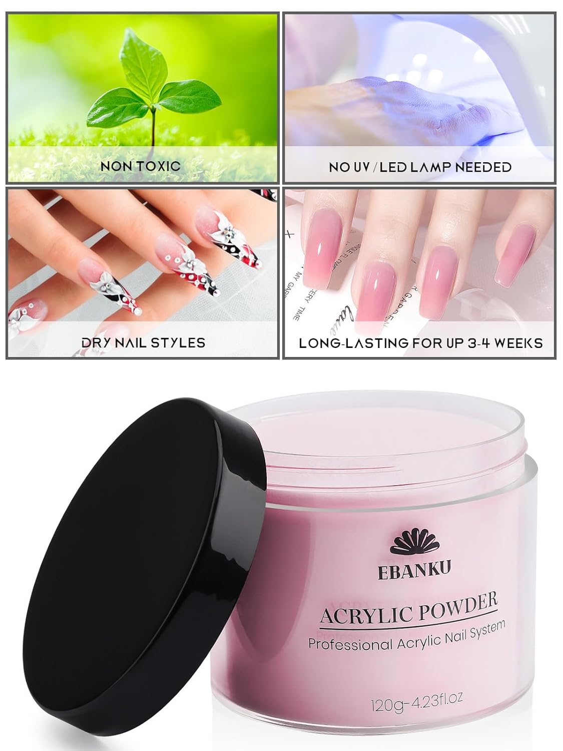 EBANKU Acrylic Powder Set 4 Colors Acrylic Nail Powder Nude Pink White Clear Acrylic Powder for