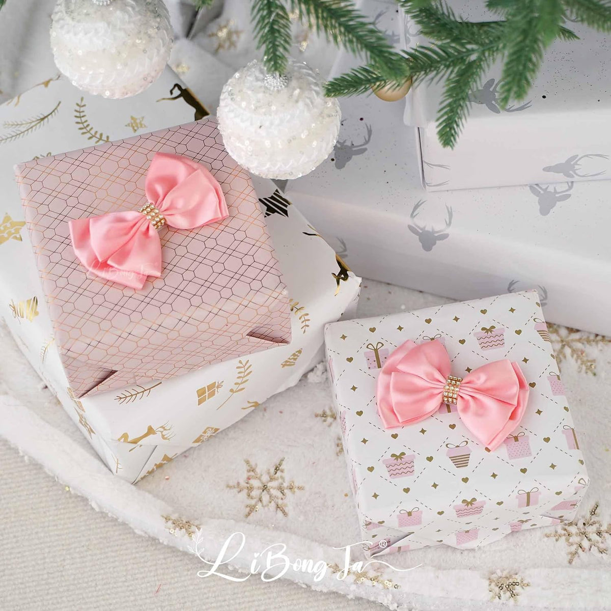 Pink Ribbon Bow 4'' Premade Pink Satin Bow, Gift Bows with Rhinestone, Wrapping Bows for Presents