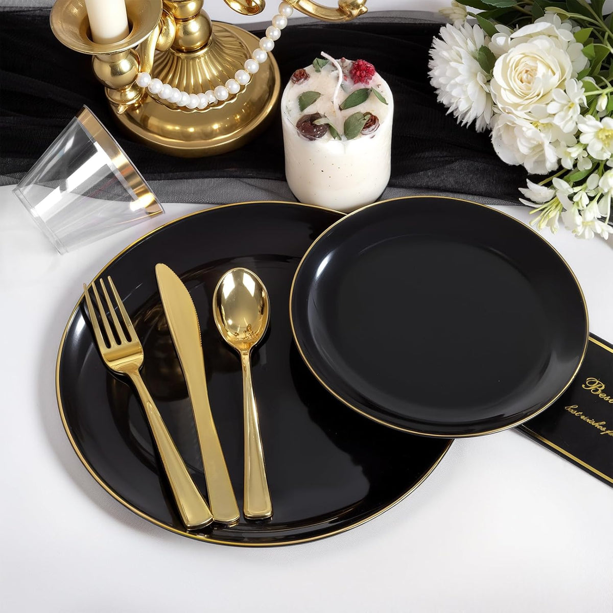 NOCCUR 350PCS Black and Gold Plastic Plates - Black Disposable Dinnerware Set for 50 Guests, 100