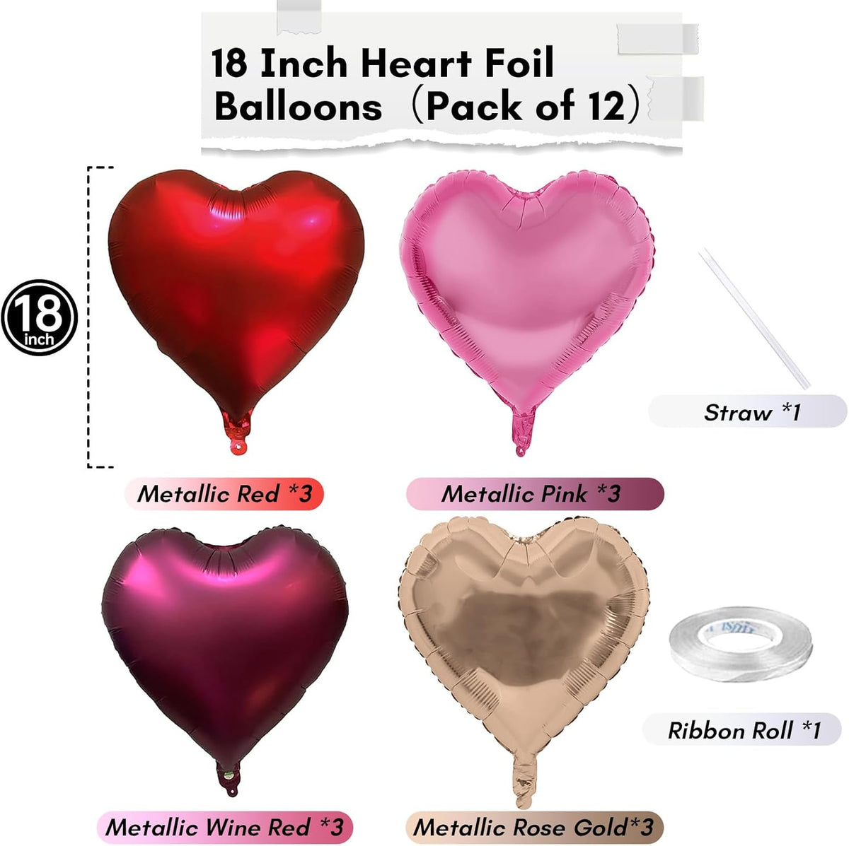 Wine Red Heart Balloons, 18 Inch 12 Pcs Burgundy Red and Pink Foil Heart Balloons Red and Rose Gold