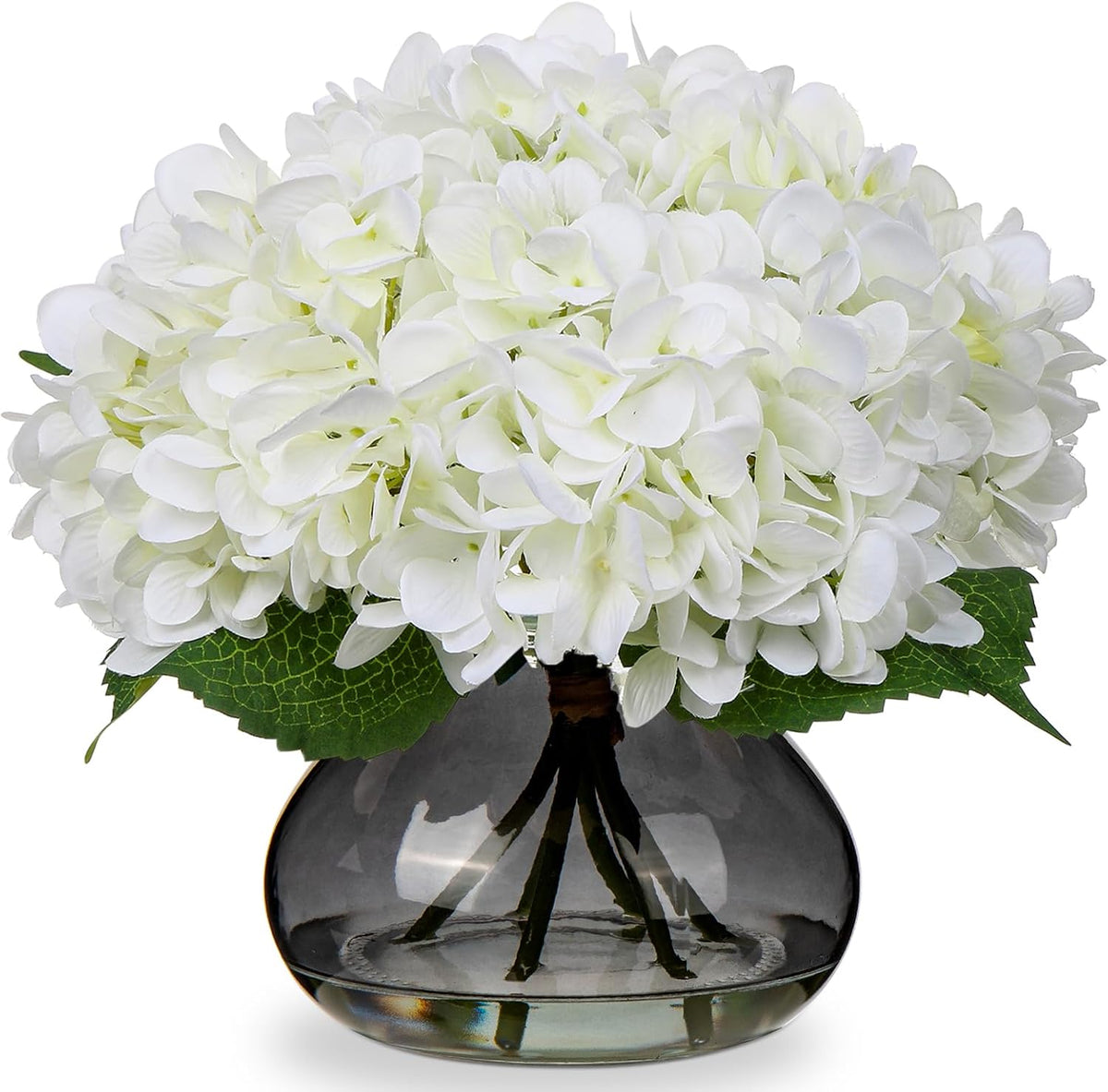 Hollyone Hydrangea Artificial Flowers with Glass Vase White Silk Faux Flowers Arrangements with