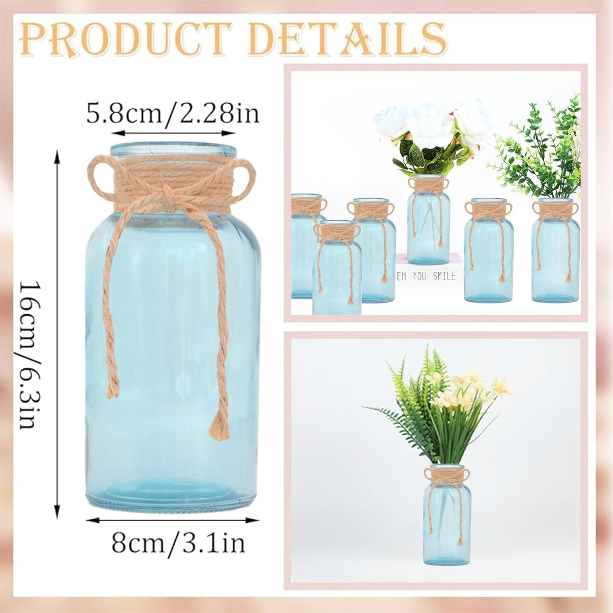 Vintage Glass Flower Vase，6 Pack Blue Farmhouse Glass Centerpiece Vases Mason Jars for Weddings
