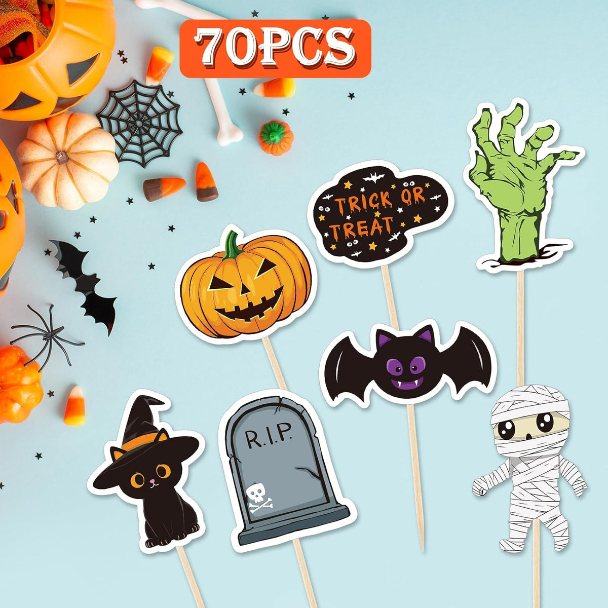 NACHLYNN 70pcs Halloween Cupcake Toppers Spooky Haunted House Night Party Fruit Cake Decoration