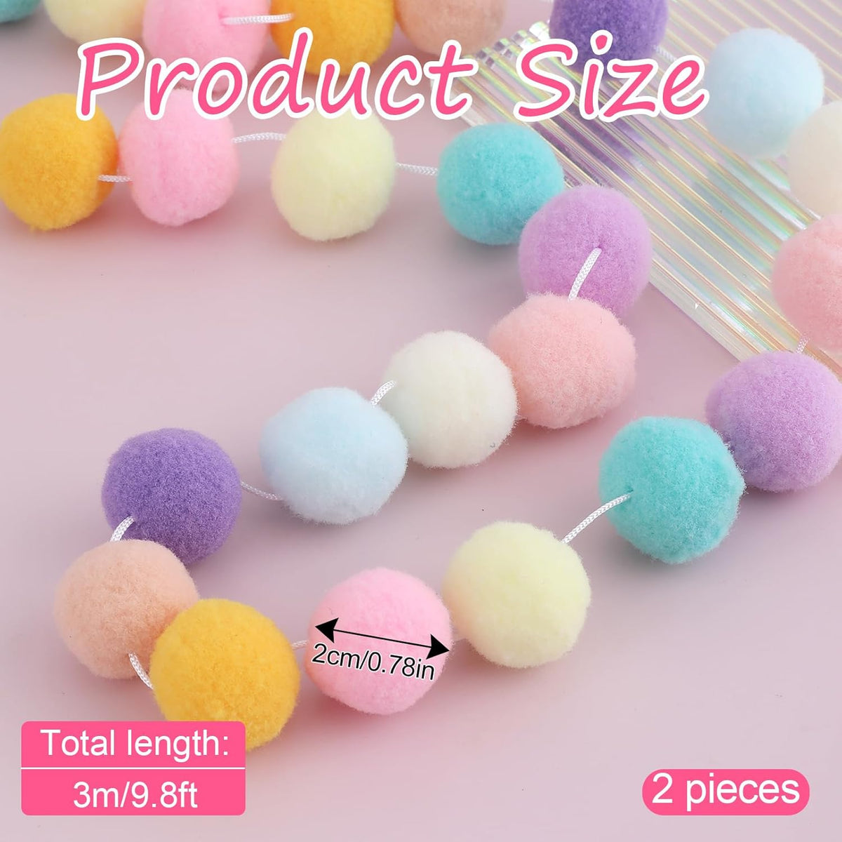 2 Pcs Pom Pom Garland 9.8 Feet 30 Balls Felt Ball Garland Pastel Ball Banner Cute Pompom Decorative