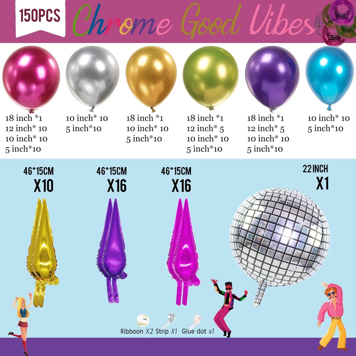 Metallic Balloon garland kit 150PCS Hot Pink Purple Green Blue Silver Gold Latex star 80s 90s Disco
