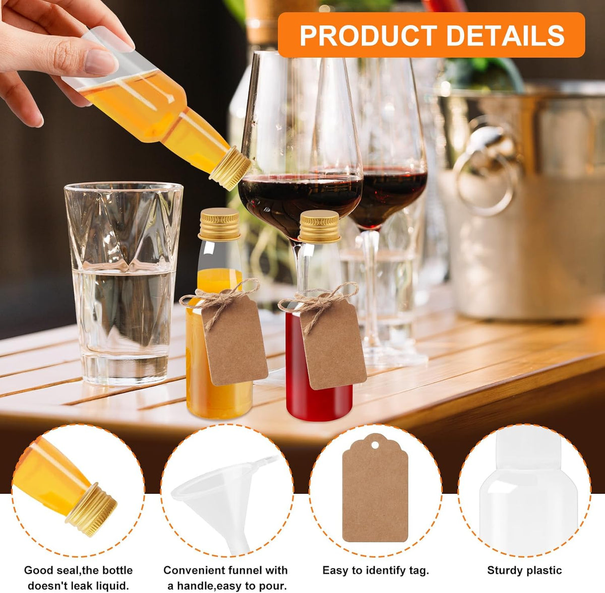 96 Pcs Mini Liquor Bottles Set, 30 Pcs 2oz Plastic Alcohol Bottles with Gold Cap, 30pcs Kraft Tags