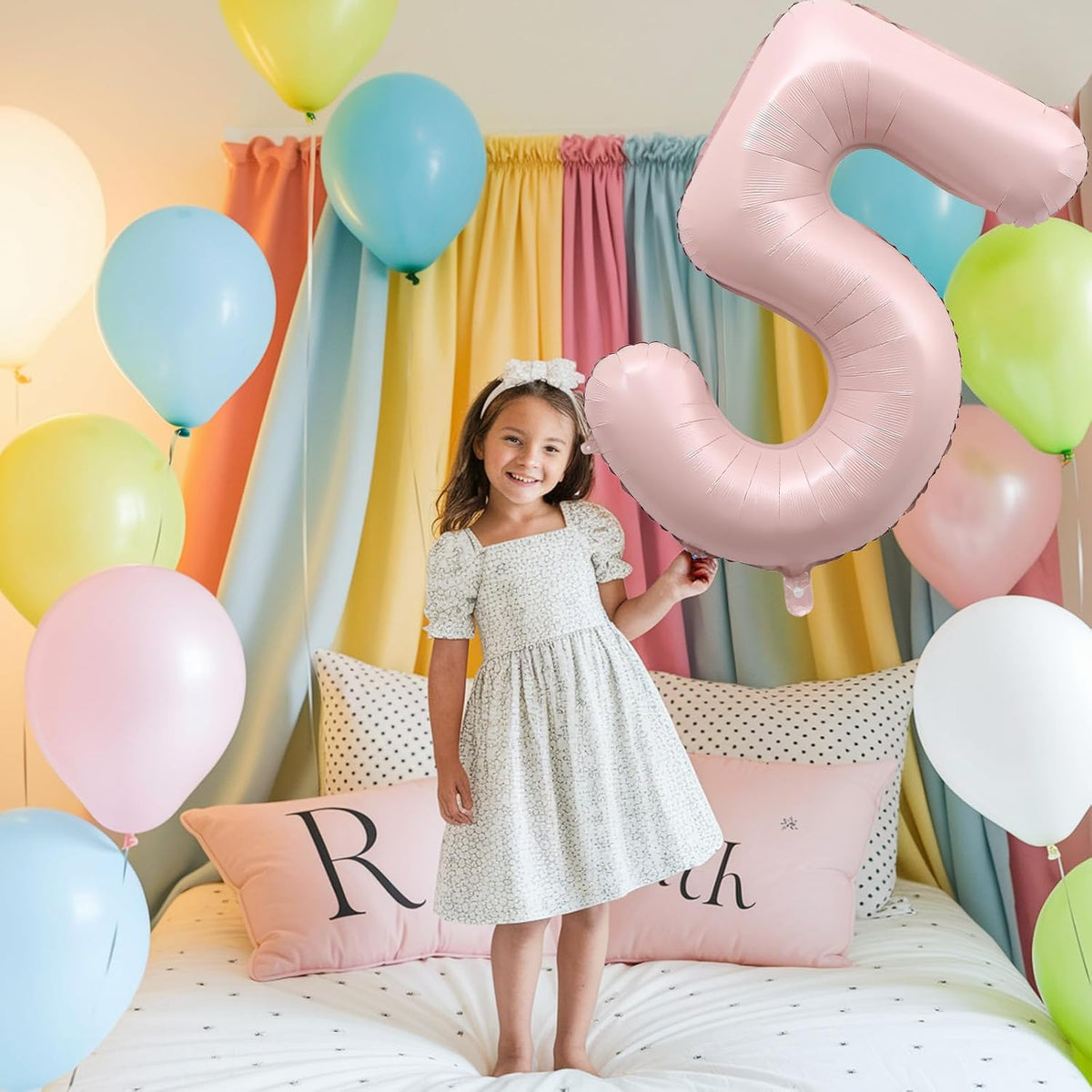 Light Pink Number Balloon 5, 40 Inch Large Self Inflating 5 Foil Number Balloons 0-9, Blush Pastel