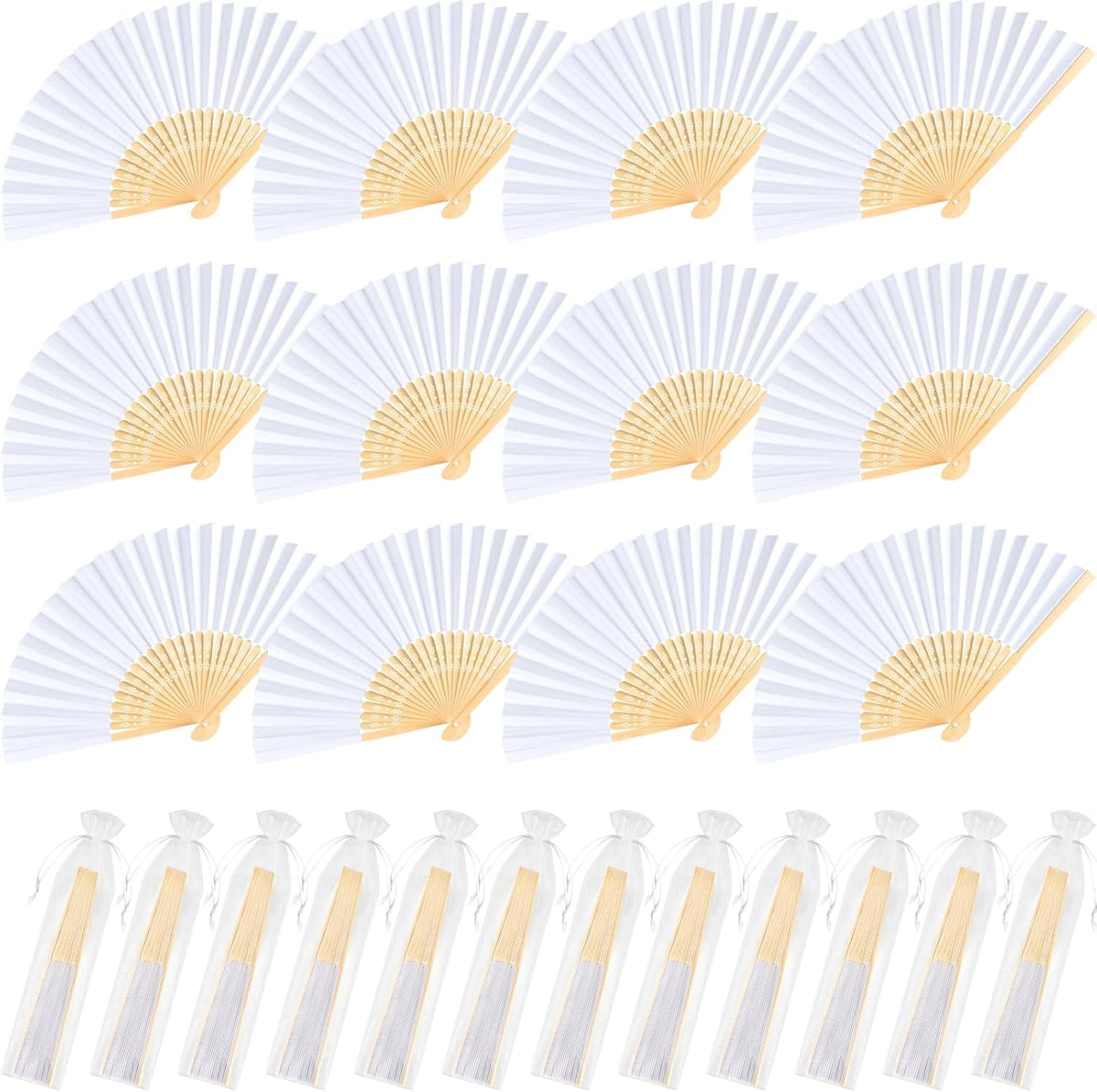 NEBURORA 12Pcs White Handheld Paper Fans 8.3 Inch Hand Held Bamboo Fans Foldable for Wedding