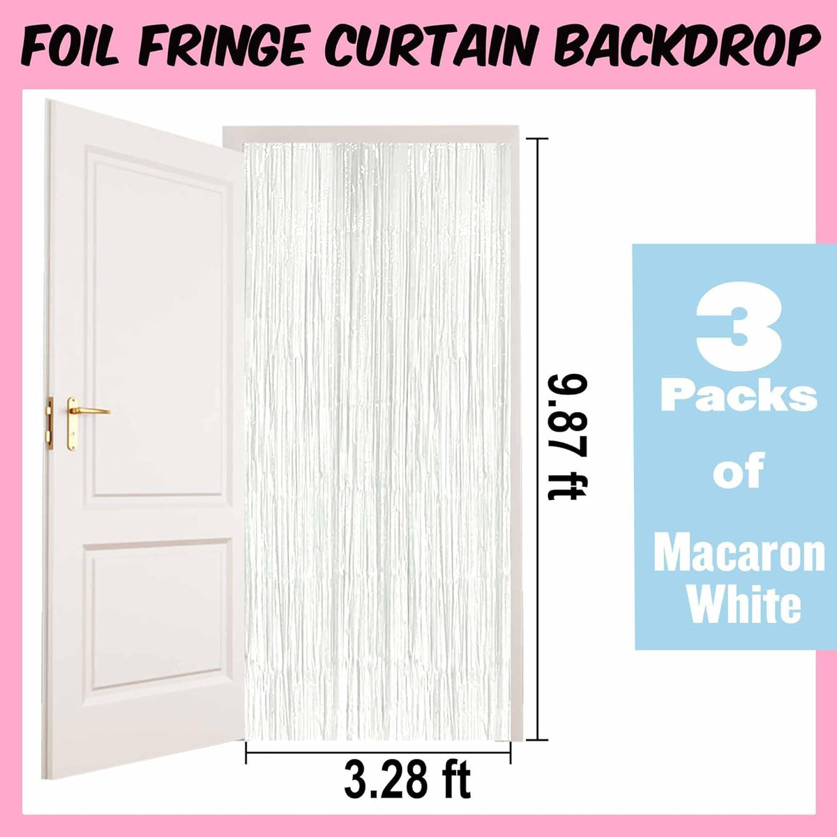 3 Pack Macaron White Foil Fringe Curtains Backdrop, 3.28 x 9.8 Ft Metallic Streamers Tinsel