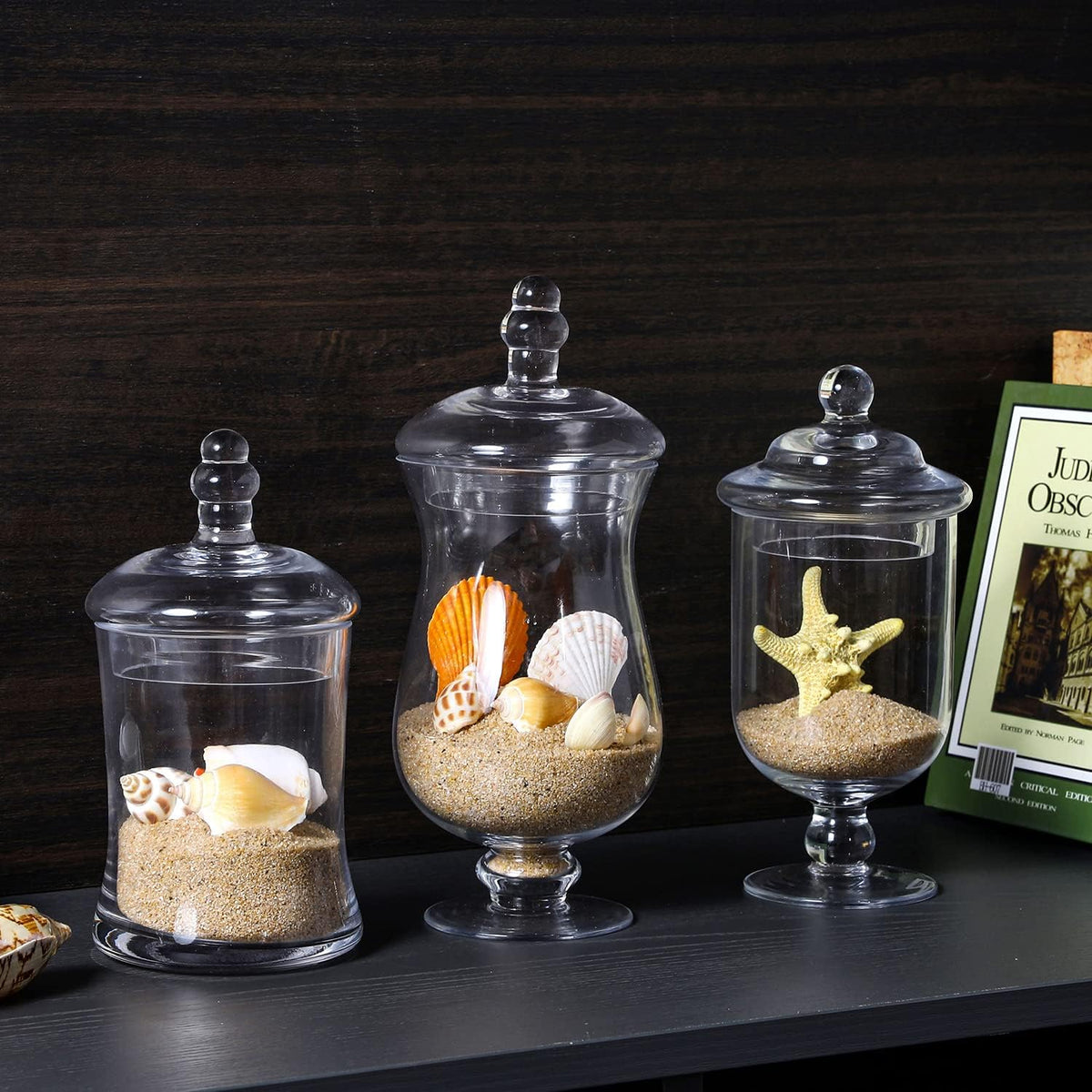 MyGift Clear Glass Apothecary Jars with Lid, Decorative Footed Vase, Candy Buffet Containers, Set