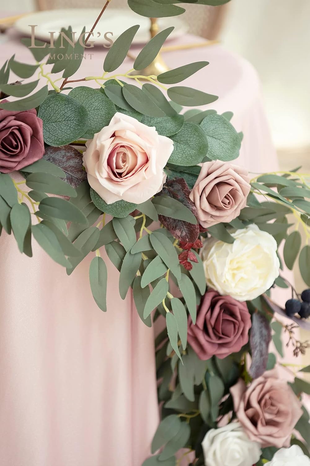 Ling's Moment 9FT Eucalyptus and Willow Leaf Garland with White Flower, Handcrafted Wedding