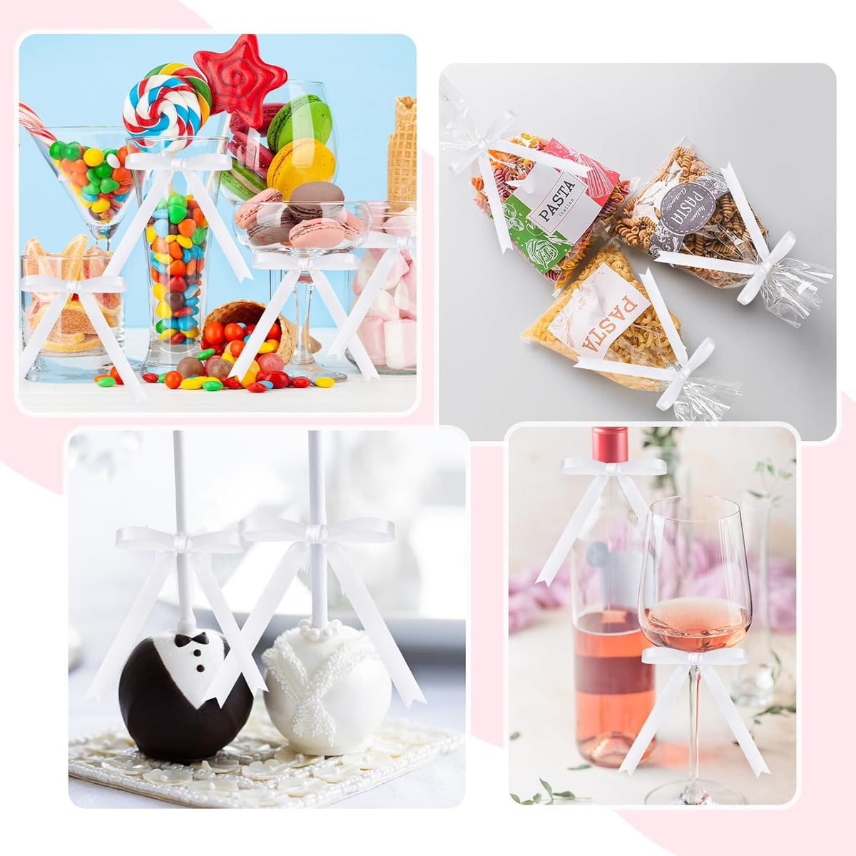 Riceshoot 50 Pcs Twist Tie Bows for Cake 3x4.5 Inch Satin Ribbon Bows for Gift Wrapping Treat Bags