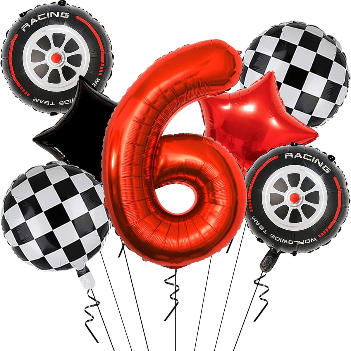 Race Car Birthday Decorations - 40 Inch Mylar Red Number 6 Balloons - Black Foil Checkered Race Car