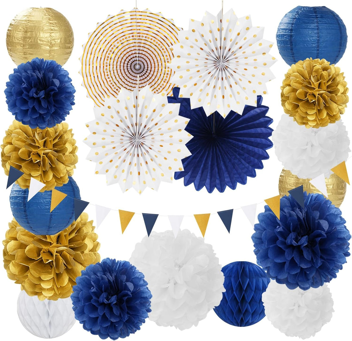 Navy-Blue White Gold Party-Decorations - 20pcs Graduation 2025 Paper Lanterns Fans,Tissue Pom