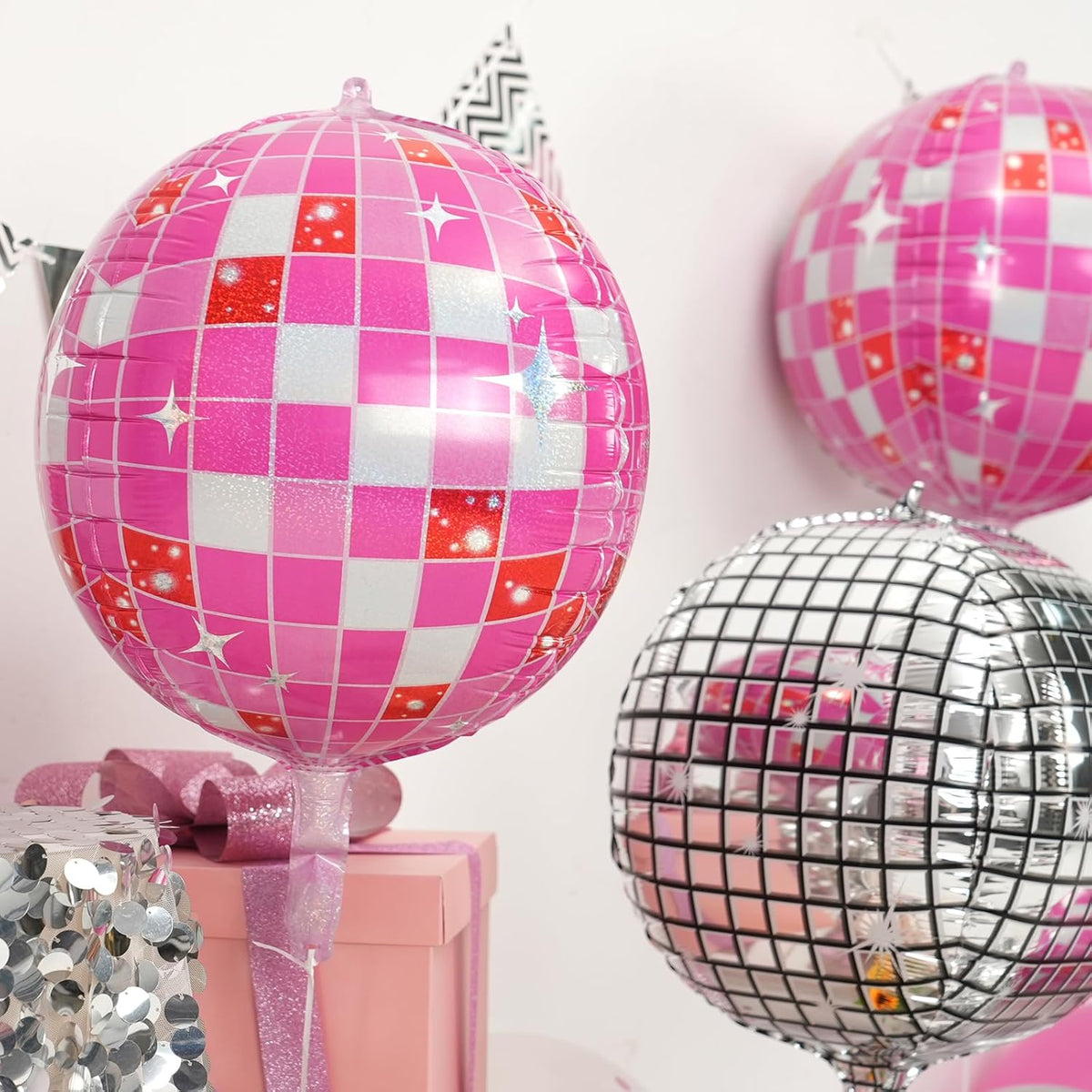 Disco Ball Balloons Pink 4PC,Foil Disco Balloons 22 Inch 4D Round Pink Balloon for 70s 80s Birthday