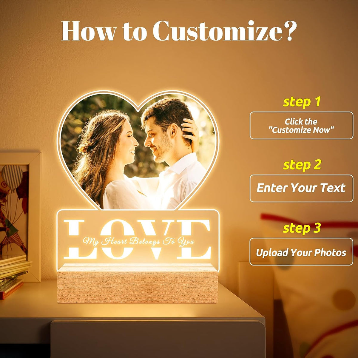 Custom Picture Frames with Photo, Personalized Photo Frame with Night Light, Customized Picture