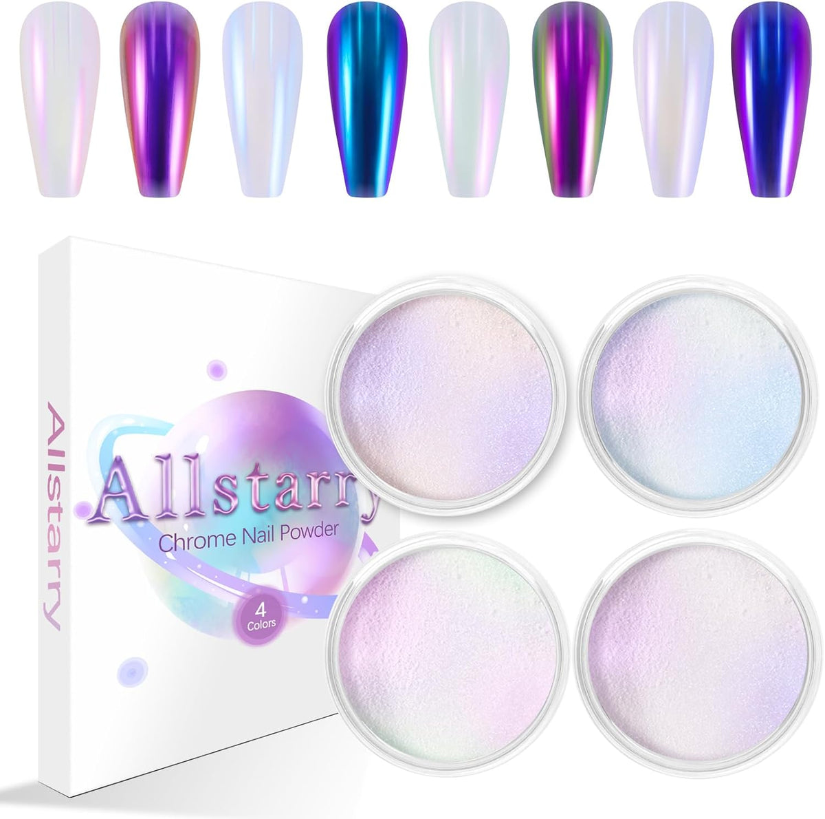 Allstarry White Chrome Nail Powder, 4 PCS Color-Shift Chameleon Mica Powder Pearlescent Pearl