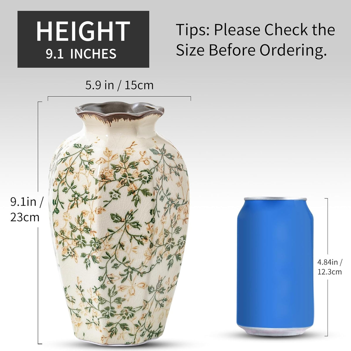 Vintage Pastoral Octagonal Vase, Green and Beige Retro Ceramic Flower Vase, Rustic Farmhouse Vases