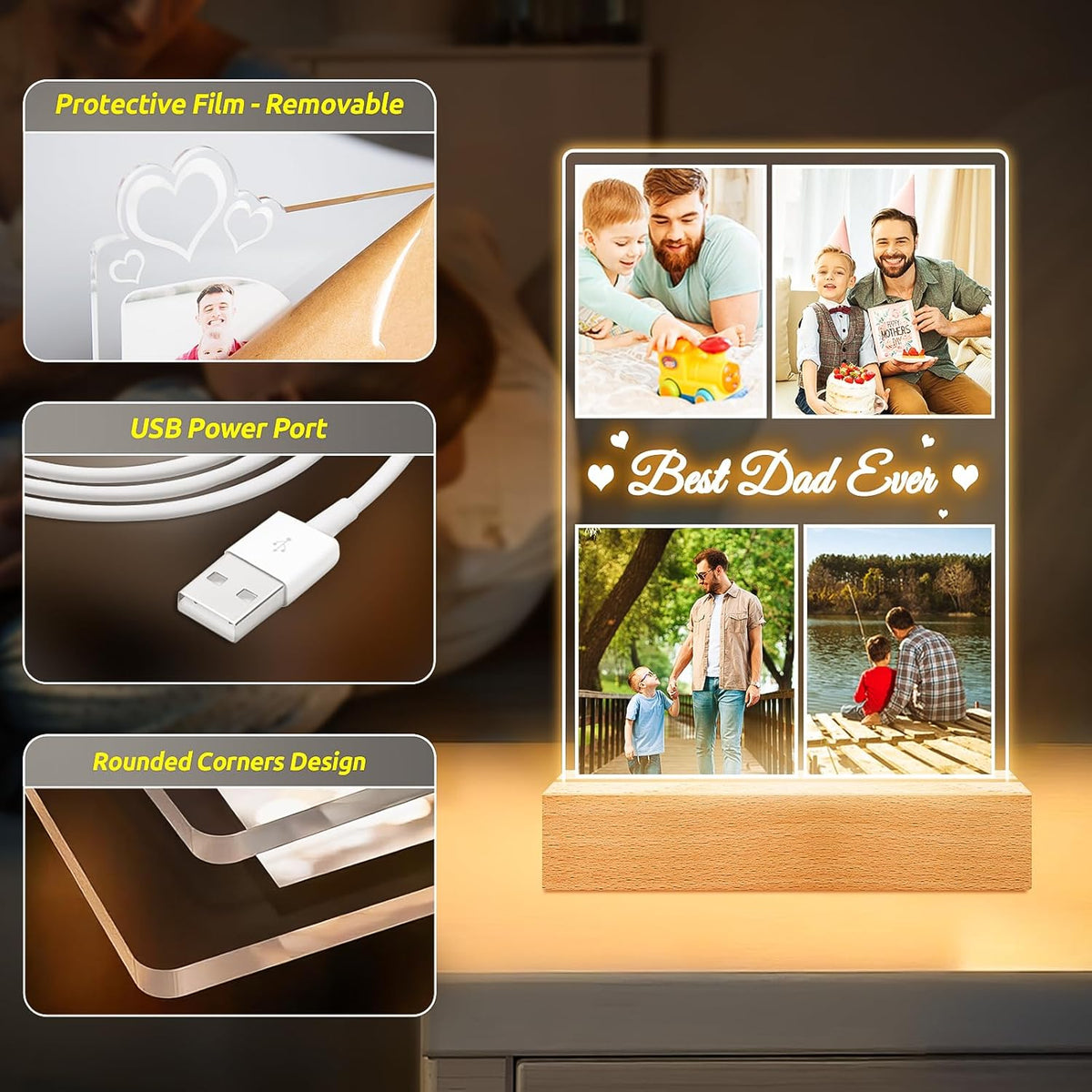 Best Dad Ever Gifts, Custom Collage Picture Frames with Night Light, Customized Acrylic Plaque