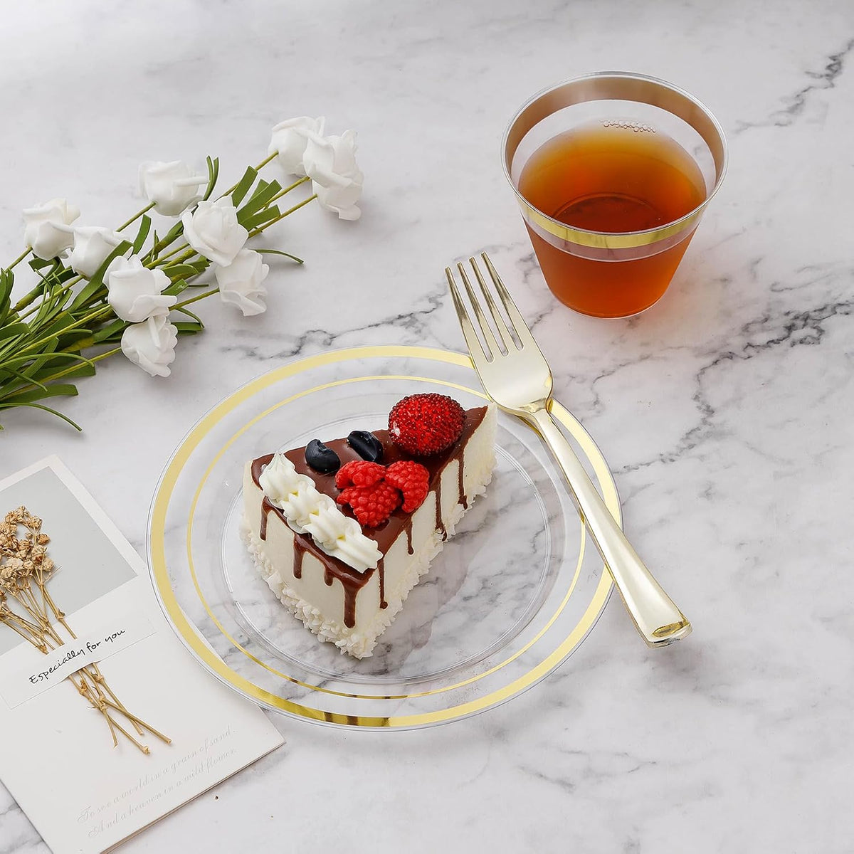 300PCS Clear Gold Plastic Plate Set (50 Guests), Disposable Dinnerware Set for Party, Wedding