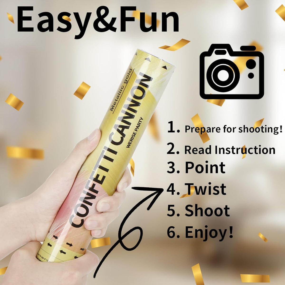 Gold Confetti Poppers Cannon, 6 Pack WERISE PARTY Gold Mylar Party Popper Shooter for Birthday