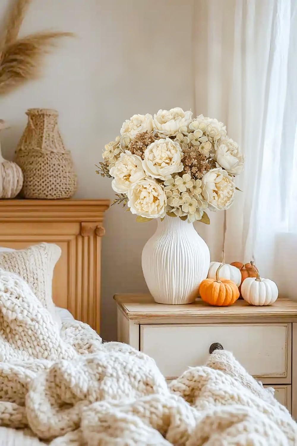 Hollyone 2Pcs Artificial Fall Flowers Bouquet 18.8" White Dried Peony Hydrangea Fake Fall Floral