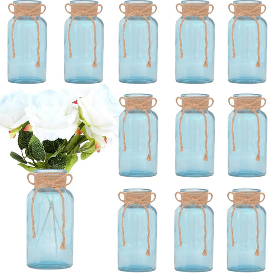 Vintage Glass Flower Vase，12 Pack Blue Farmhouse Glass Centerpiece Vases Mason Jars for Weddings