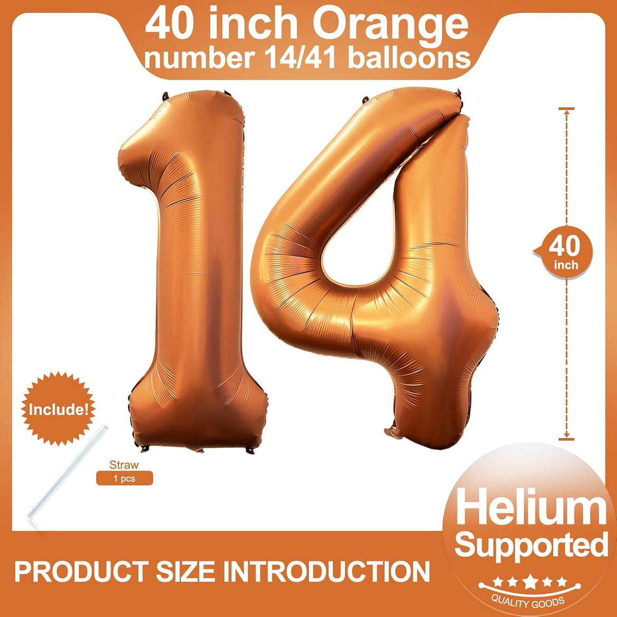 Number 14 Orange Balloons 40 Inch Giant Foil Helium for 14th Birthday Party Supplies 41st