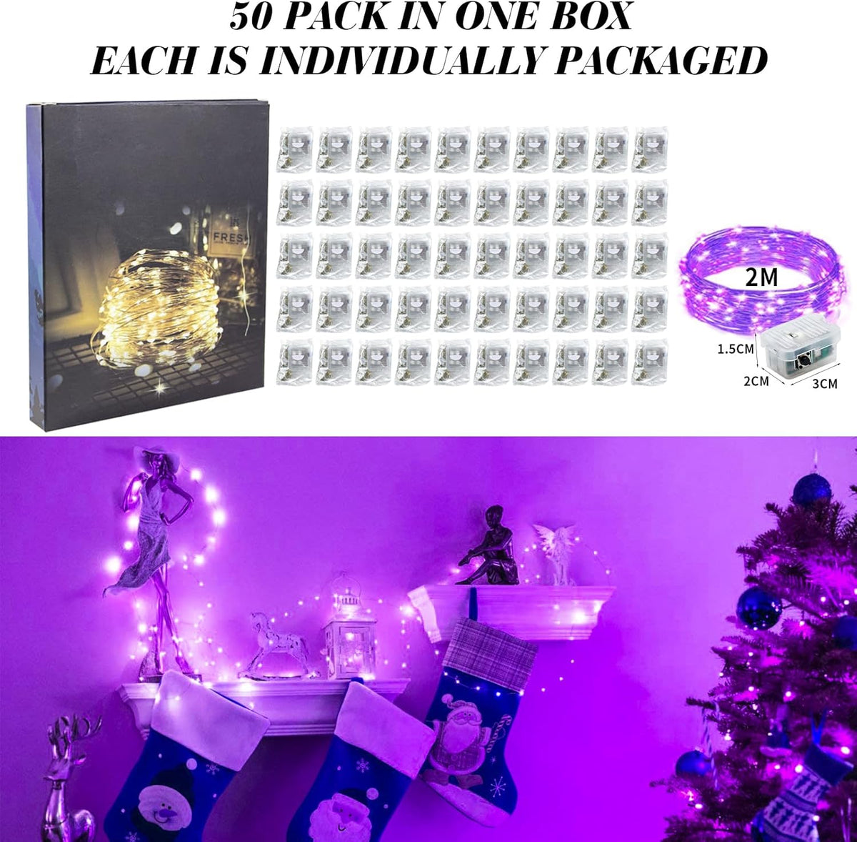 ZGWJ 50 Pack Fairy Lights Battery Operated, 7ft 20 Mini LED Fairy String Lights Silver Wire 3 Modes